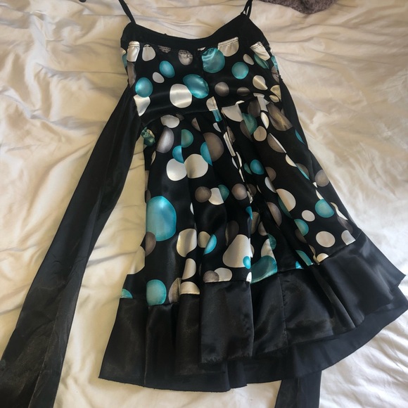 Y2K teal and black polka dot dress w tie back - Picture 2 of 4